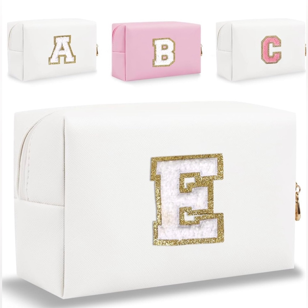 New E white makeup bag E initial travel pouch for toiletries, pencil bag, etc